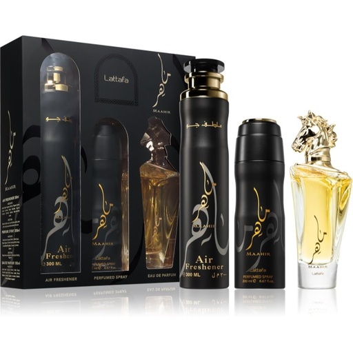 LATTAFA MAAHIR 3 PCS GIFT SET WITH 100ML EDP+ 200ML DEO + 300ML AIR FRESHNER