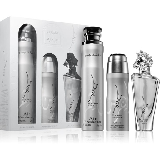 LATTAFA MAAHIR LEGACY 3 PCS GIFT SET WITH 100ML EDP + 200ML DEO + 50ML AIR FRESHNER